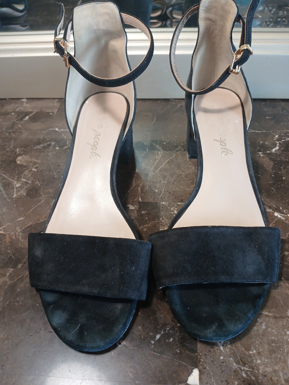 Free People Black Suede Ankle-Strap Block Heels